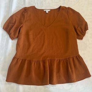 341 Nine West Rust Orange Brown Peplum Puff Sleeve Blouse Medium